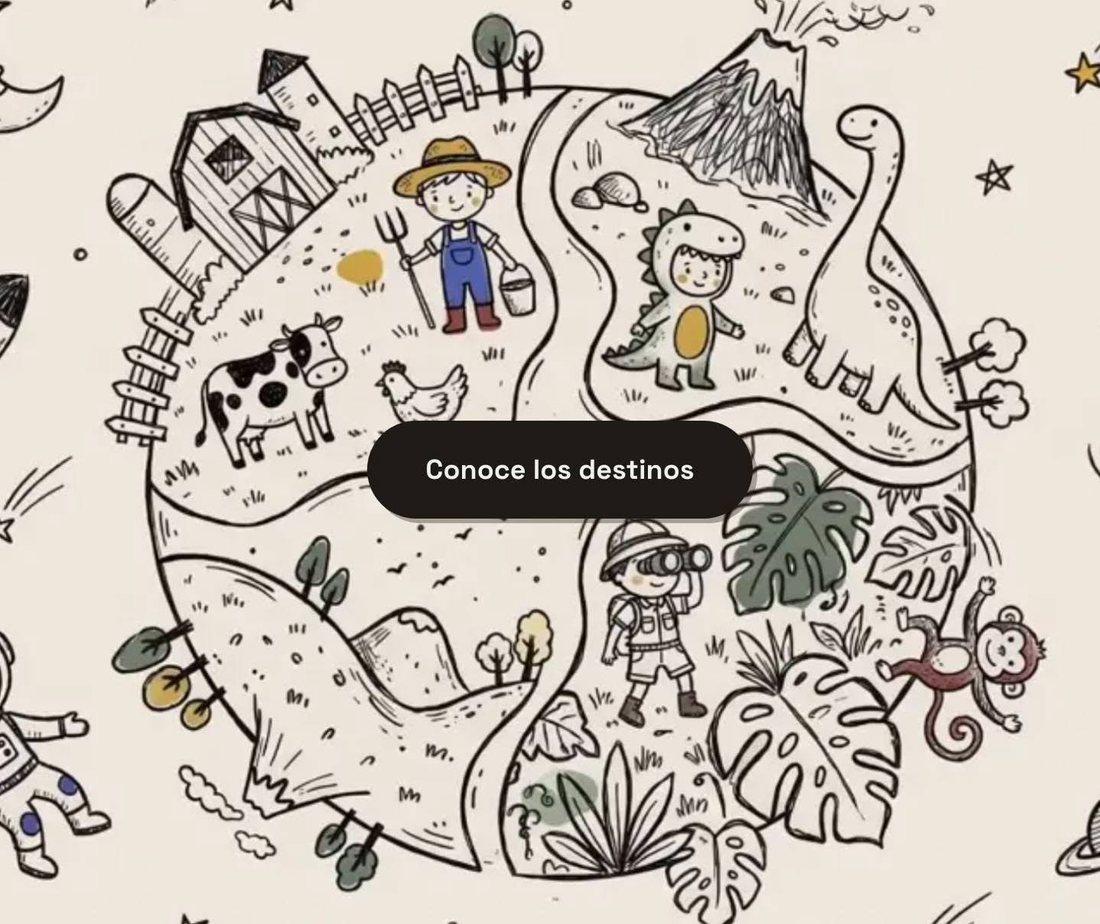 Planeta ilustrado con una granja, dinosaurios, selva y colinas